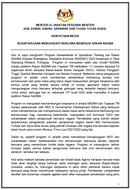 Program Humanitarian In Operations Training dan Rakan NADMA Disaster Emergency Simulation Exercise (RANDEX) 2023