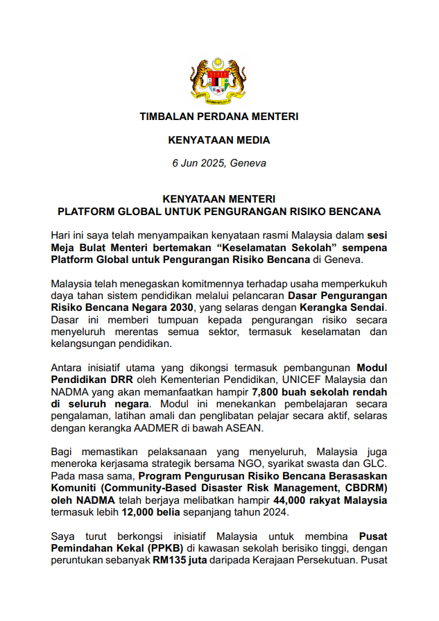 Kenyataan Media Platform Global Untuk Pengurangan Risiko Bencana
