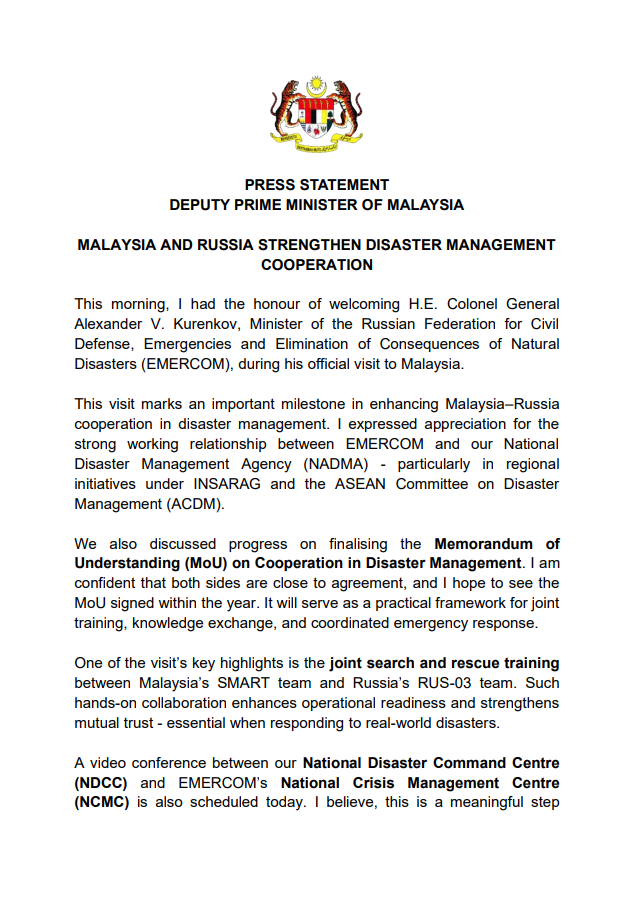Press Statement Malaysia And Russia Strengthen Disaster Management Cooperation